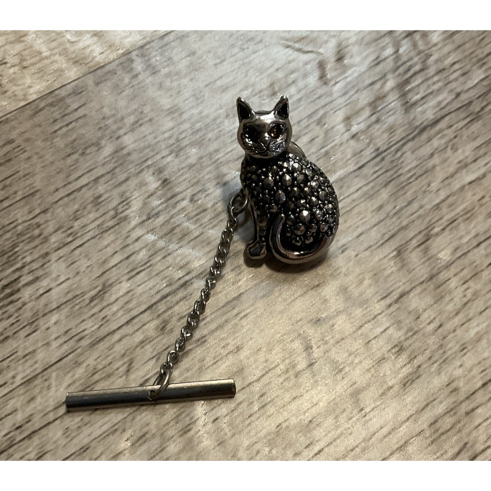 Silver Tone Cat Brooch Pin 3-D Sparkle Kitten Pet Animal Lapel Hat Halloween